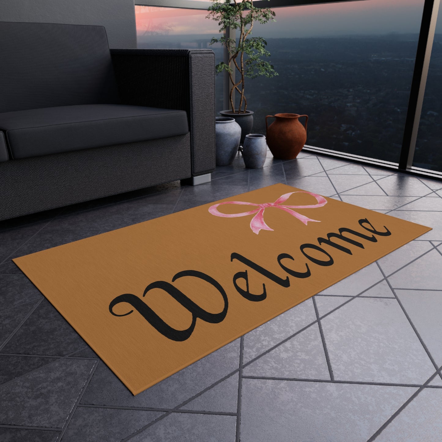 Welcome Outdoor Rug with Pink Bow Decorative Doormat for Porch & Entryway