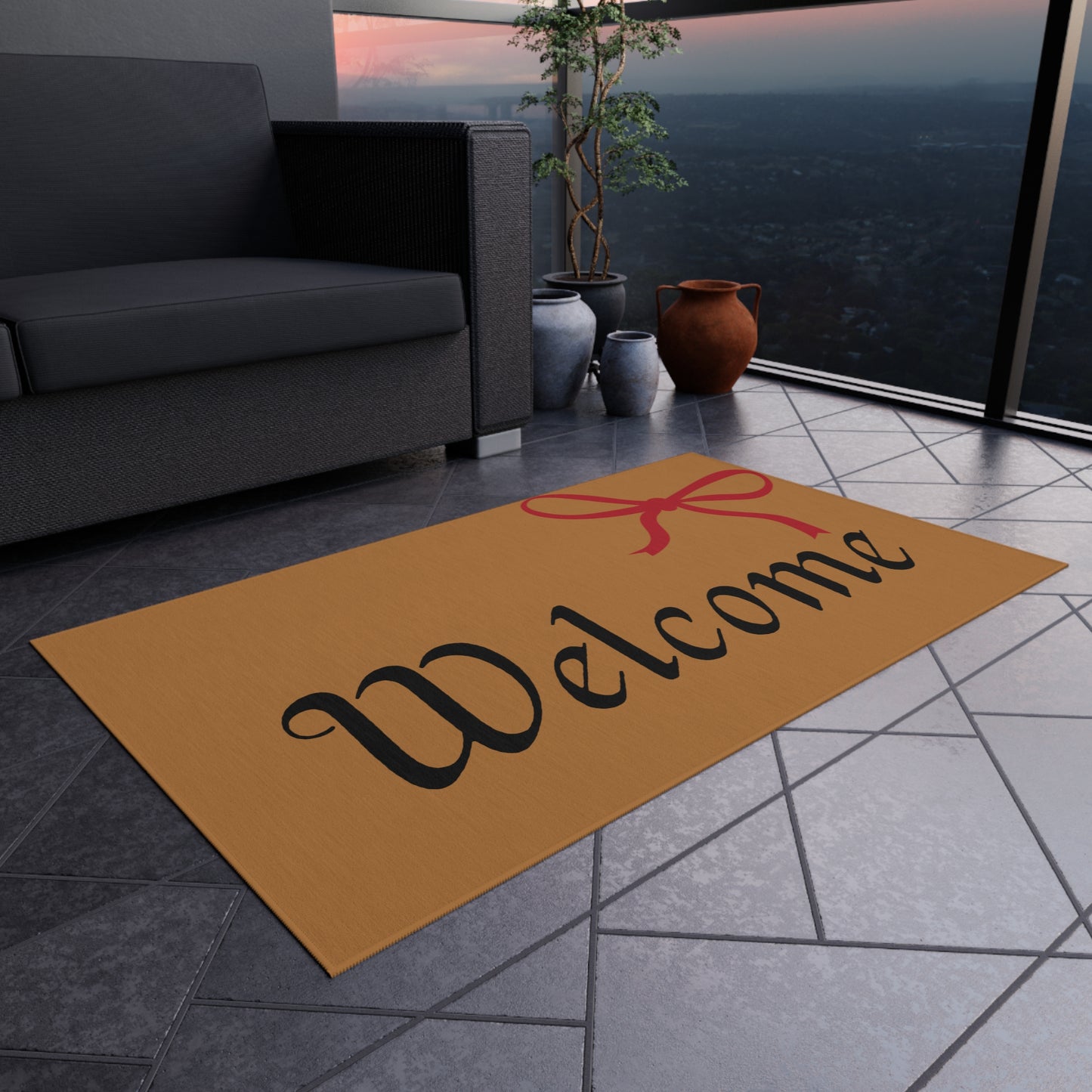 Welcome Outdoor Rug with Red Bow — Decorative Doormat for Porch & Entryway