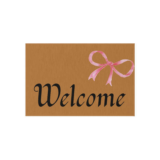 Welcome Outdoor Rug with Pink Bow Decorative Doormat for Porch & Entryway