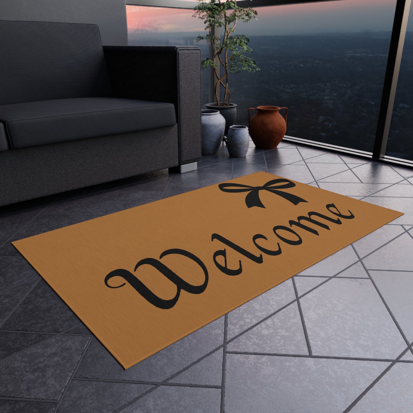 Welcome Outdoor Rug with Bow Accent — Durable Decorative Doormat
